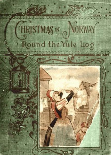 Green cloth cover with black lettering, illustrated with a picture of a woman in traditional Norwegian costume hanging washing out to dry