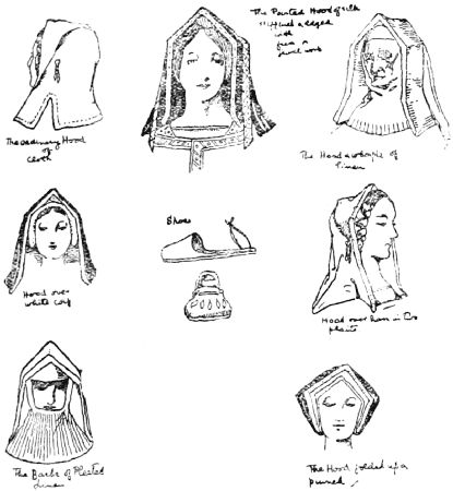 Seven head-dresses for women; side and front view of a shoe