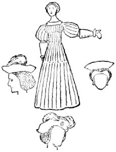 A woman of the time of Henry VIII.; three types of hat for women