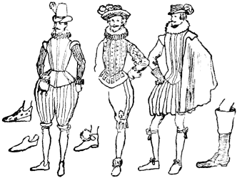 Three men of the time of James I.; three types of shoe; one type of boot