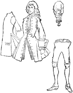 A man of the time of George II.; a wig; breeches and stockings