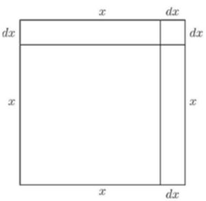 The previous square expanded by a small increment dx on both sides, creating three new strips — showing geometrically why d(x²) = 2x·dx, the derivative of x squared.