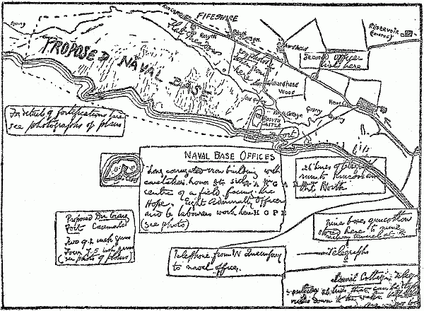PORTIONS OF MAP OF NEW NAVAL BASE AT ROSYTH DISCOVERED IN POSSESSION OF A SPY. The notes, here translated from German, were written on the British Ordnance Map.