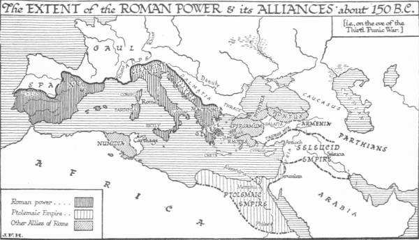 Map: The Extent of the Roman Power & its Alliances about  150 B.C.