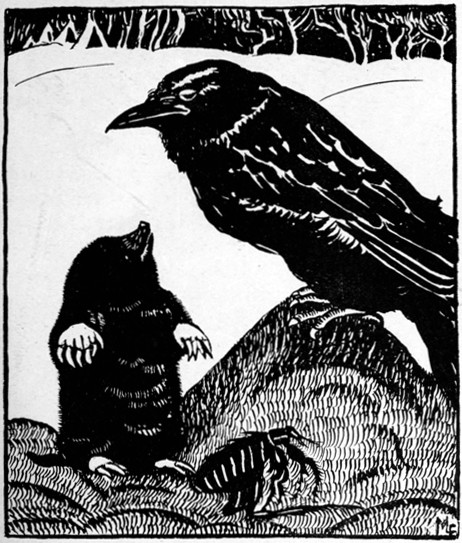 THEN RAVEN ASKED THE MOLE TO TRY, BUT MOLE SAID, "OH, NO, I AM BETTER FITTED FOR OTHER WORK,—MY FUR WOULD ALL BE SINGED"