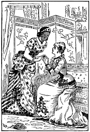 Stanhope as the Goddess of Liberty talks with Mrs. Warburton