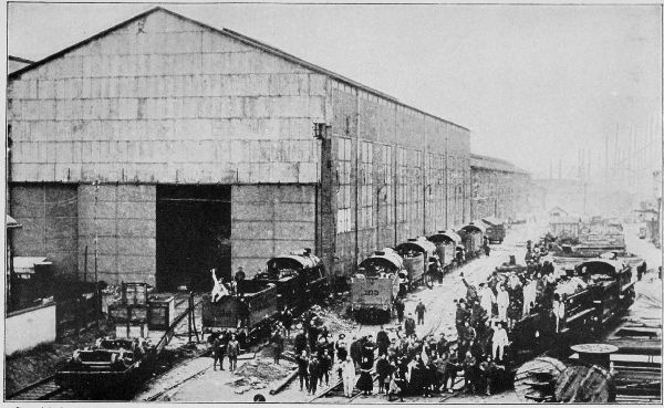 Copyright by the Committee on Public Information.  U. S. locomotive-assembling yards in France.