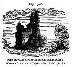 Fig. 592: Dike in valley, near Brazen Head, Madeira. (From a drawing of Captain Basil Hall, R.N.)