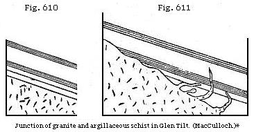 Fig. 610 and Fig. 611: Junction of granite and arbillaceous schist in Glen Tilt. (MacCulloch.)