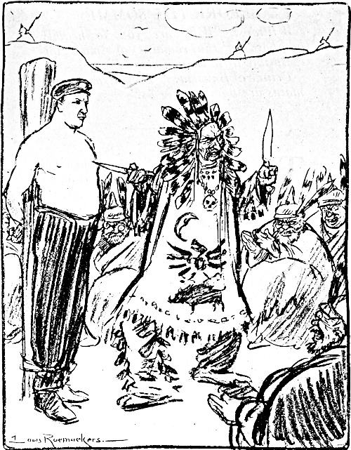 The Kaiser as an  Indian chief WI a sailor tied to a post