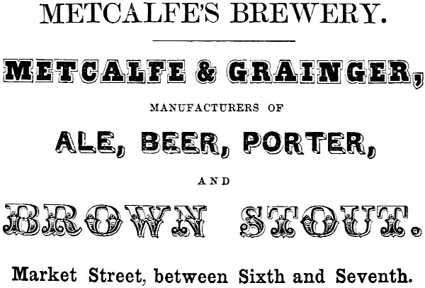 METCALFE’S BREWERY. METCALFE & GRAINGER, MANUFACTURERS OF ALE, BEER, PORTER, AND BROWN STOUT. Market Street, between Sixth and Seventh.