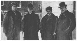 Representatives of the Central Powers at Brest-Litovsk (from left to right): Gen. Hoffmann of the German Army; Count Czernin, Austro-Hungarian Foreign Minister, Talaat Pasha, Turkish Grand Vizier, and von Kuehlmann, German Foreign Minister (International Film Service)
