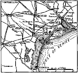 MAP SHOWING LAGOONS AND MARSHES BETWEEN VENICE AND THE PIAVE, WHERE THE ITALIAN NAVY IS HELPING TO HOLD BACK THE INVADERS