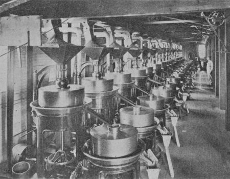 Fig. 42.—Grinding Cocoa.  (Permission of Walter Baker & Co., Ltd.)