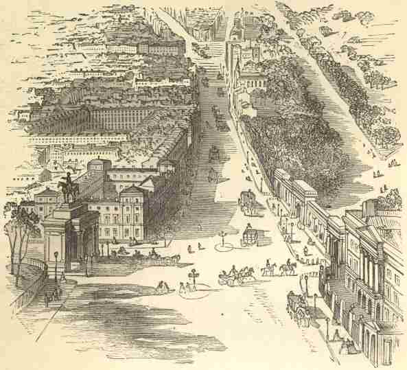Apsley House, Hyde Park Corner, Wellington Statue. (Knightsbridge and Sloane Street in the distance.)