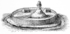 «Château du Xe siècle, sur sa motte, avec enceinte en palissades de bois.» D'après l'Abécédaire d'archéologie de H. de Caumont, Architecture militaire, p. 393.