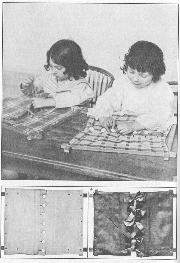 (A) CHILDREN THREE AND ONE-HALF AND FOUR YEARS OLD LEARNING TO BUTTON AND LACE.  (B) RIBBON AND BUTTON FRAMES. These are among the earliest exercises.