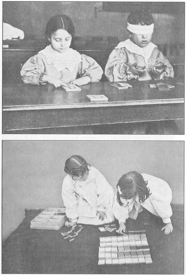 (A) GIRL TOUCHING A LETTER AND BOY TELLING OBJECTS BY WEIGHT. (B) ARRANGING TABLETS OF SILK IN THEIR CHROMATIC ORDER. There are eight colours, and eight shades of each colour, making sixty-four gradations in all.