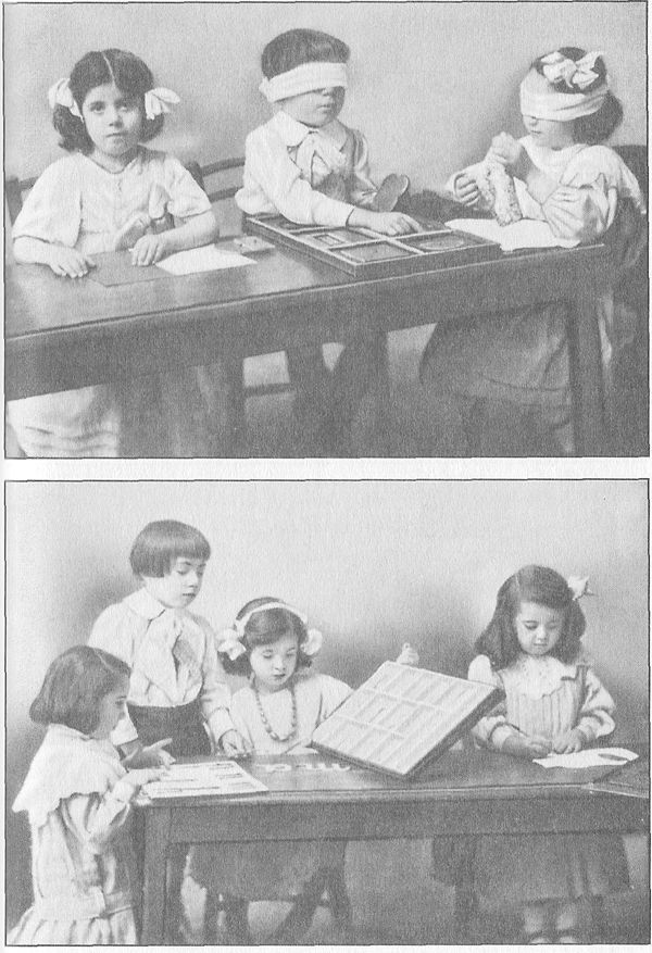 (A) TRAINING THE SENSE OF TOUCH. Learning the difference between rough and smooth by running fingers alternately over sandpaper and smooth cardboard; distinguishing different shapes by fitting geometric insets into place; distinguishing textures.  (B) LEARNING TO WRITE AND READ BY TOUCH. The child at the left is tracing sandpaper letters and learning to know them by touch.  The boy and girl are making words out of cardboard letters.