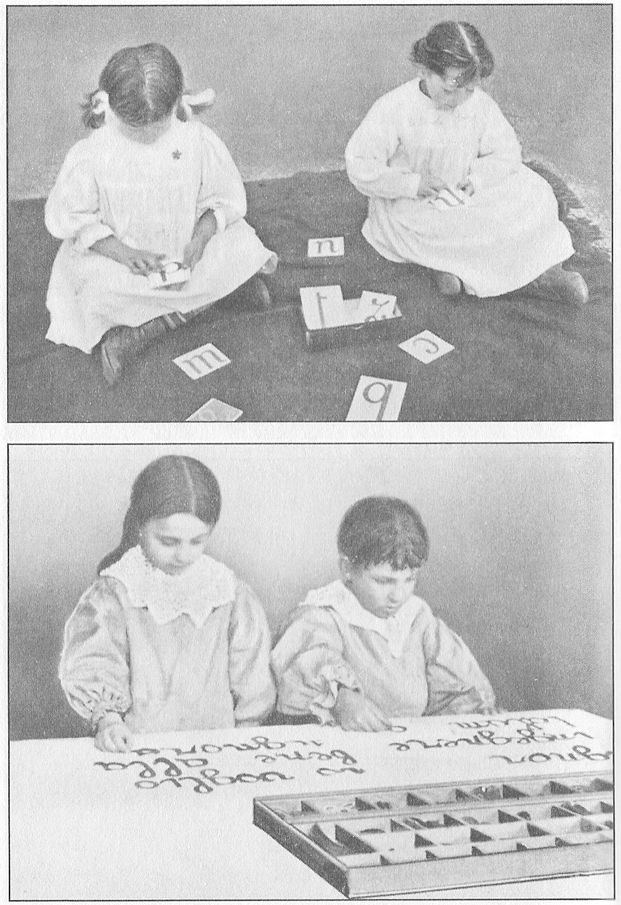 (A) CHILDREN TOUCHING LETTERS. The child on the left has acquired lightness and delicacy of touch by very thorough preparatory exercises. The one on the right has not had so much training. (B) MAKING WORDS WITH CARDBOARD SCRIPT.