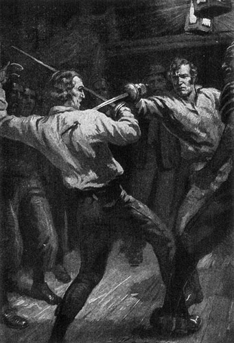 Two men fighting with swords.