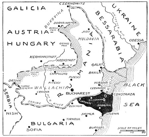 RUMANIA AND ITS LOST TERRITORY: THE BLACK AREA SHOWS THE SOUTHERN PART OF DOBRUDJA, WON FROM THE BULGARS IN THE LAST BALKAN WAR, WHICH RUMANIA IS FORCED TO RETURN TO BULGARIA. THE SHADED AREA—NORTHERN DOBRUDJA—WHICH INCLUDES THE MOUTHS OF THE DANUBE AND RUMANIA'S ONLY ACCESS TO THE BLACK SEA, IS CEDED TO THE CENTRAL POWERS, WHO WILL ADMINISTER IT THROUGH A MIXED COMMISSION. THE SHADING ALONG RUMANIA'S WESTERN BORDER INDICATES THE AUSTRO-GERMAN 