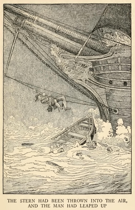 The stern had been thrown into the air, and the man had leaped up