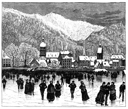 Skaters on lake with city behind