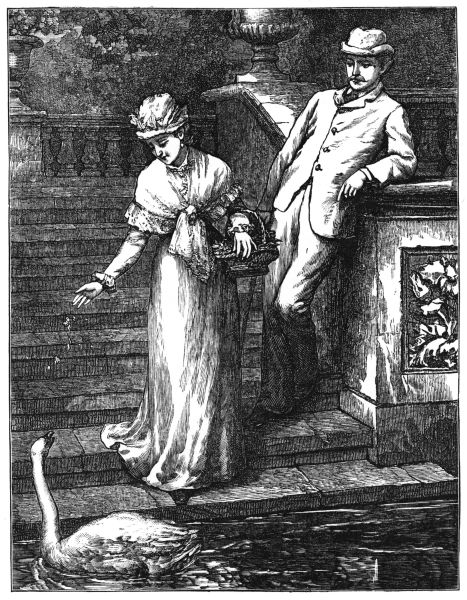 man and woman, she is feeding a swan