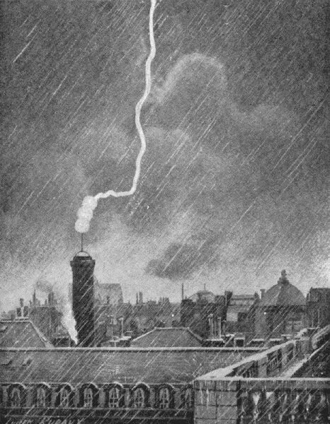 SINGULAR CASE OF THREE FIREBALLS OBSERVED IN PARIS ON JUNE 10, 1905, BY M. H. RUDAUX.  They were seen to descend in this way upon the lightning conductor above the Palais Royal electric-power station. This engraving, after a sketch made at the time by M. Rudaux, appeared in La Science Illustrée, for August, 1905.