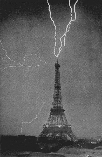 THE EIFFEL TOWER AS A COLOSSAL LIGHTNING CONDUCTOR.  Photograph taken June 3, 1902, at 9.20 p.m., by M. G. Loppé. Published in the Bulletin de la Société Astronomique de France (May, 1905)