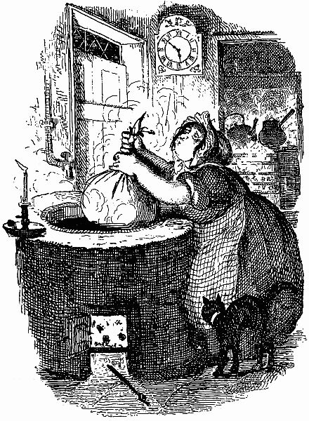 Woman pulling pudding out of large cauldron over fire