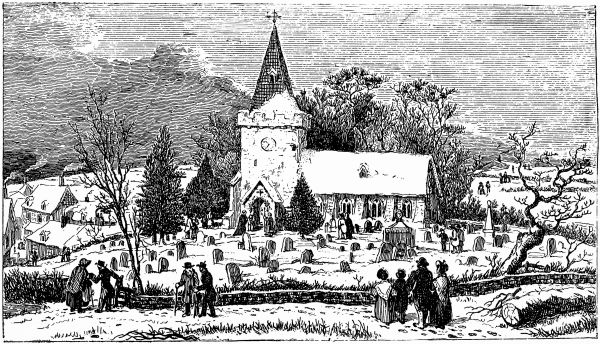 Church in snow with people around
