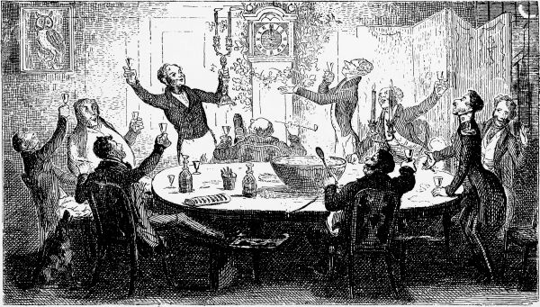 Jovial group of men around a table smoking and drinking