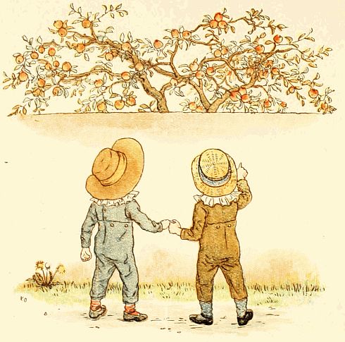 Two boys looking at an apple tree