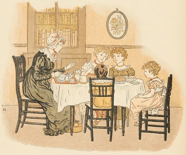 woman and four children at table