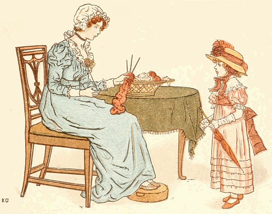 Girl with hat gloves and parasol talking to seated woman