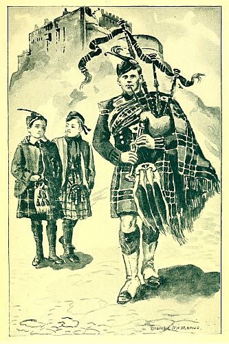 man playing pipes; two boys watching