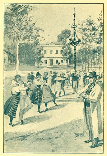couples dancing around may-pole while man plays fiddle