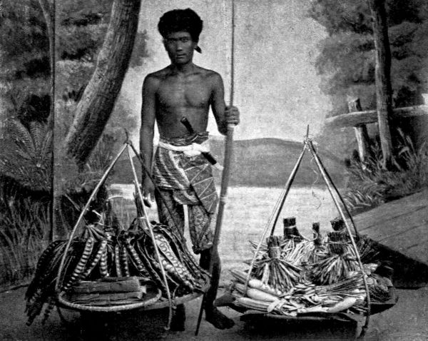 A seller of fruit and vegetables his baskets dangling from the ends of a bamboo yoke.