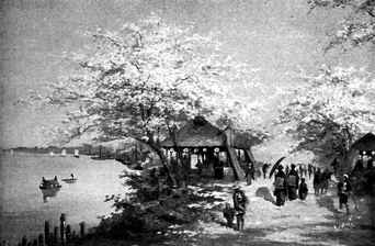 Japanische Landschaft zur Frühlingszeit. (Nach einem japanischen Ölgemälde.)