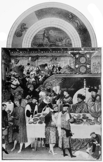 Plate XXVII.  Photo. Giraudon.  JANUARY  Pol de Limbourg.  From The “Très Riches Heures du Duc de Berry.”  To face page 154.