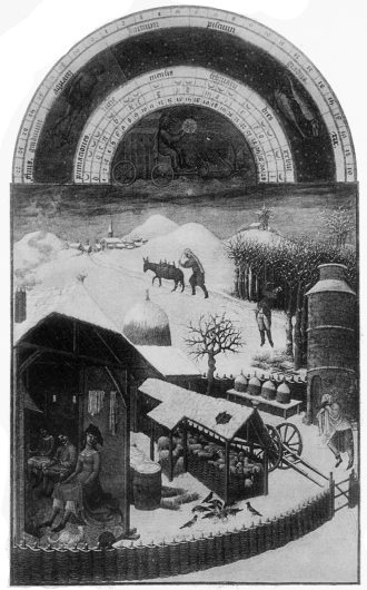 Plate XXVIII.  Photo. Giraudon.  FEBRUARY.  Pol de Limbourg.  From The “Très Riches Heures du Duc de Berry.”  To face page 156.