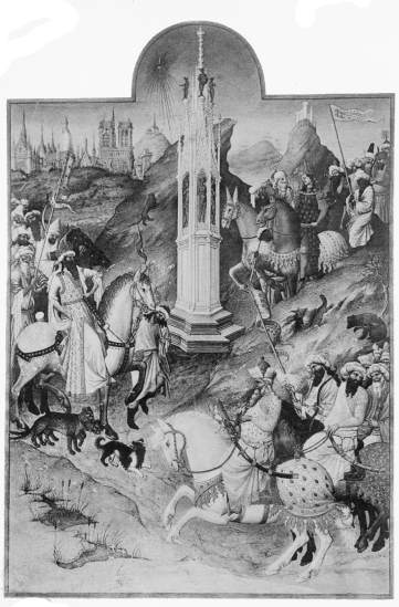 Plate XXXVII.  Photo. Giraudon.  THE PROCESSION OF THE MAGI.  Pol de Limbourg and his Brothers.  From The “Très Riches Heures du Duc de Berry.”  To face page 174.