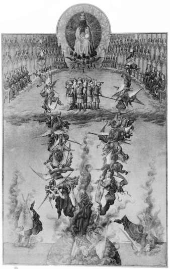 Plate XXXVIII.  Photo. Giraudon.  THE FALL OF THE ANGELS.  Pol de Limbourg and his Brothers  From the “Très Riches Heures du Duc de Berry.”  To face page 176.