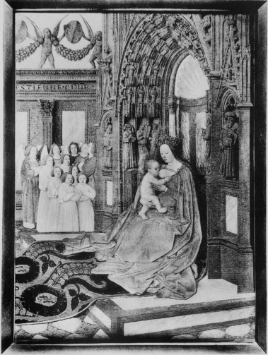 Plate XLI.  Photo. Giraudon.  THE VIRGIN AND CHILD RECEIVING HOMAGE  Jean Fouquet.  Musée Condé.  To face page 180.