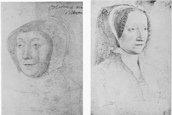 Plate LIX.  MADAME DE VENDÔME D’ALENÇON.  Photo Giraudon.  Musée Condé.  Jean Clouet.  JEANNE BOUCAULT.  Musée Condé.  Jean Clouet.