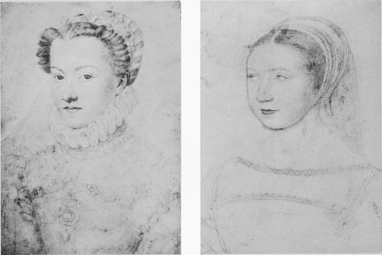 Plate LXV.  Photo. Giraudon.  ELISABETH OF AUSTRIA, QUEEN OF FRANCE.  François Clouet (About 1567).  Bibl. Nat. Paris.  Photo. Giraudon.  JOSSINE DE PISSELEU, NICKNAMED HEGLI.  François Clouet (About 1542).  Musée Condé.  To face page 234.