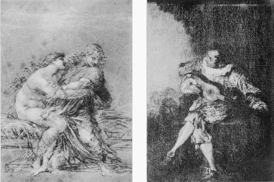 Plate LXXIV.  Photo. Giraudon.  JOSEPH AND POTIPHAR’S WIFE.  By Prud’hon.  Photo. Giraudon.  THE GUITARPLAYER.  By Watteau.  Musée Condé.  To face page 25