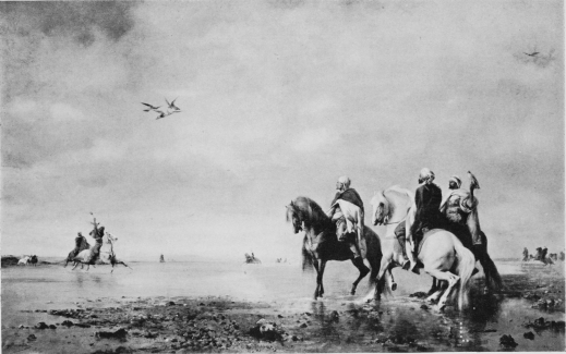 Plate LXXVI.  ARAB CHIEFS HAWKING IN THE DESERT.  Photo Giraudon.  Musée Condé.  Eugène Fromentin.
